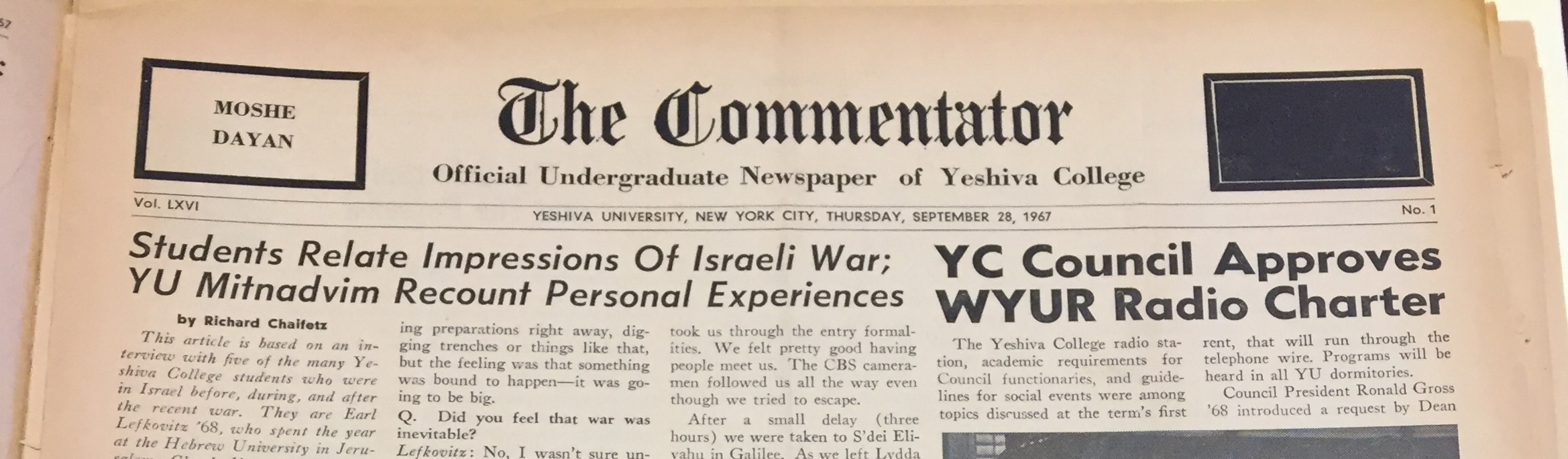 From the Archives (September 28, 1967; Volume 32 Issue 1) — Students Relate Impressions Of Israeli War; YU Mitnadvim Recount Personal Experiences From the Archives (September 28, 1967; Volume 32 Issue 1) — Students Relate Impressions Of Israeli War; YU Mitnadvim Recount Personal Experiences