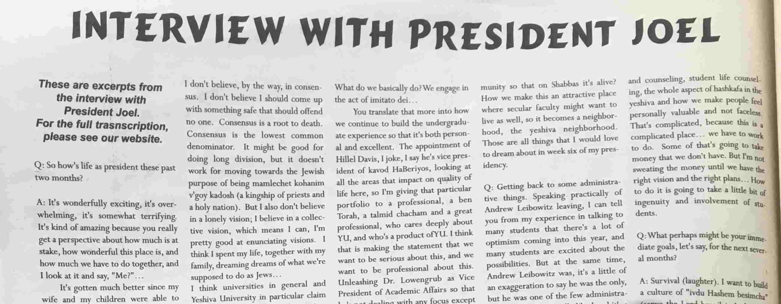 From the Archives (August 27, 2003; Volume 69 Issue 1) — Interview With President Joel From the Archives (August 27, 2003; Volume 69 Issue 1) — Interview With President Joel