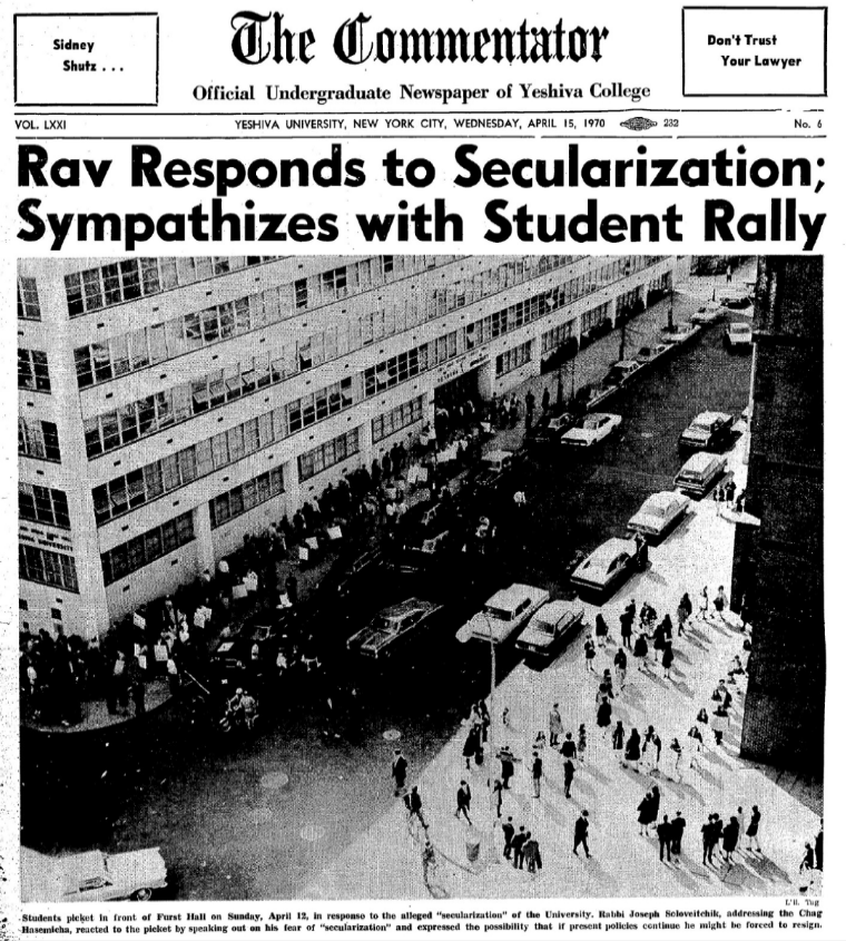 From the Archives: Rav Soloveitchik Decries Secularization of Yeshiva; Students Protest at Chag Hasemicha From the Archives: Rav Soloveitchik Decries Secularization of Yeshiva; Students Protest at Chag Hasemicha